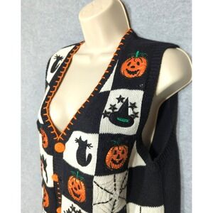 Vtg Basic Editions Halloween Sweater Vest M Witch Ghost Spider Bats Cats Spooky